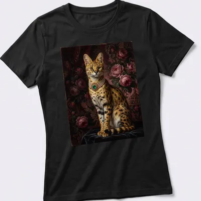 Realistic portrait of a serval cat with an emerald necklace in rich colors — printed on a women's shirt