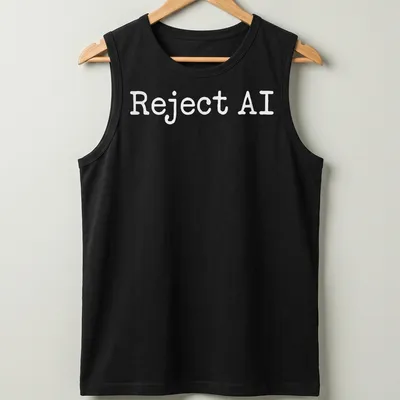 Bold typography shirt featuring the text 'Reject AI' in white — printed on a tank top
