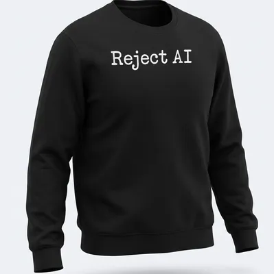 Bold typography shirt featuring the text 'Reject AI' in white — printed on a unisex sweatshirt