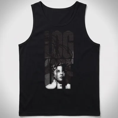 Retro sci-fi print featuring a woman with wires and 'LOG OFF' text — printed on a tank top