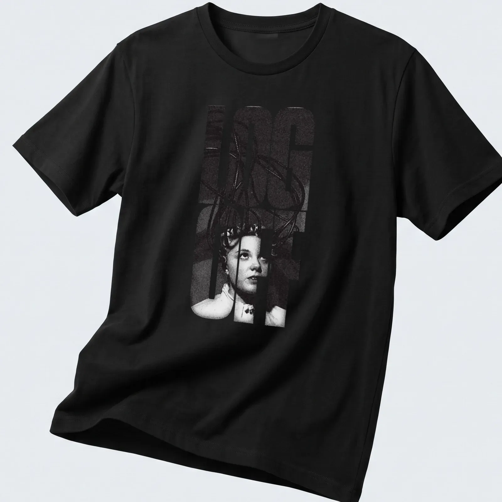 Retro sci-fi print featuring a woman with wires and 'LOG OFF' text — printed on a unisex t-shirt