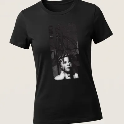 Retro sci-fi print featuring a woman with wires and 'LOG OFF' text — printed on a women's shirt