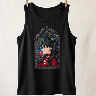Stained glass style illustration of Rin Tohsaka in vibrant colors — printed on a tank top