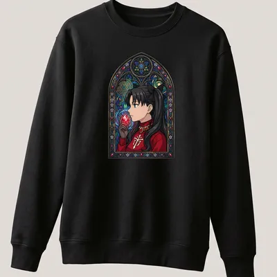 Stained glass style illustration of Rin Tohsaka in vibrant colors — printed on a unisex sweatshirt
