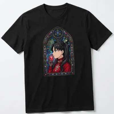 Stained glass style illustration of Rin Tohsaka in vibrant colors