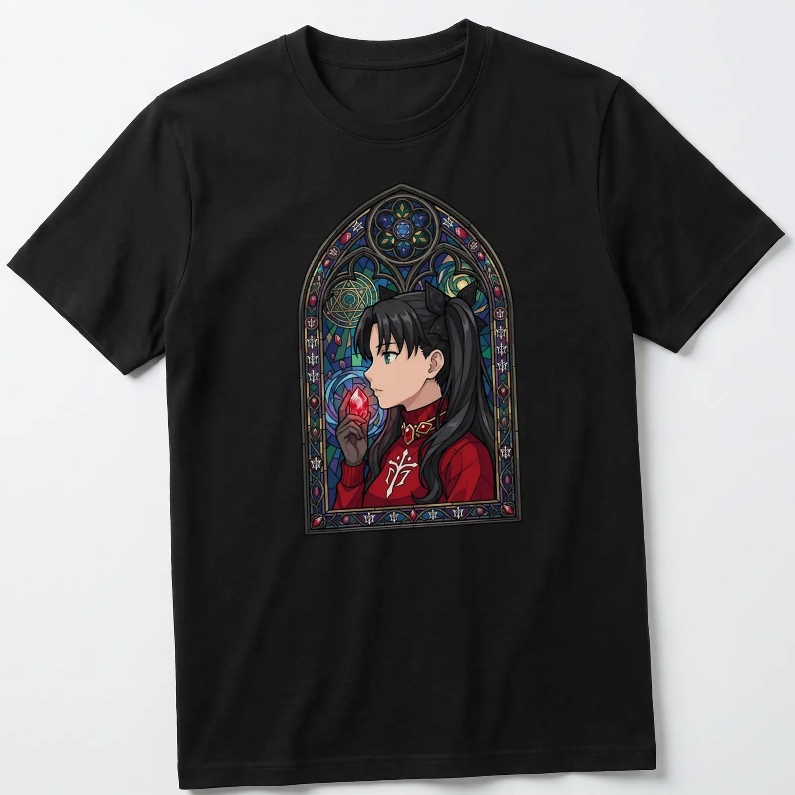 Stained glass style illustration of Rin Tohsaka in vibrant colors — printed on a unisex t-shirt