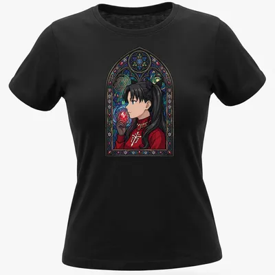 Stained glass style illustration of Rin Tohsaka in vibrant colors — printed on a women's shirt