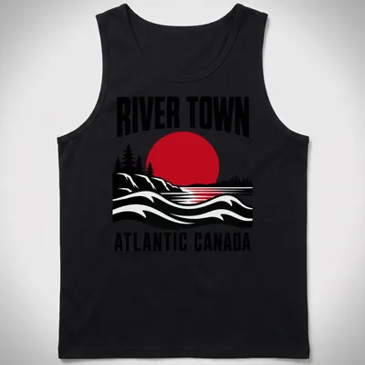 Retro landscape of a river town in red, black, and white with bold lettering. — printed on a tank top