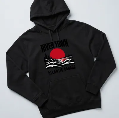 Retro landscape of a river town in red, black, and white with bold lettering. — printed on a unisex hoodie