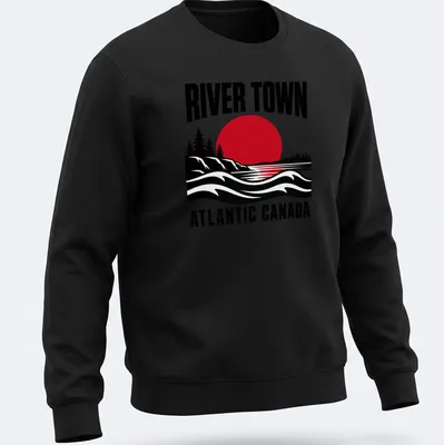 Retro landscape of a river town in red, black, and white with bold lettering. — printed on a unisex sweatshirt