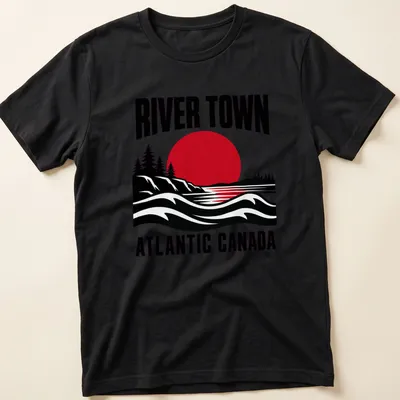 Retro landscape of a river town in red, black, and white with bold lettering.