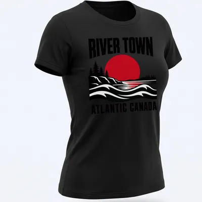 Retro landscape of a river town in red, black, and white with bold lettering. — printed on a women's shirt