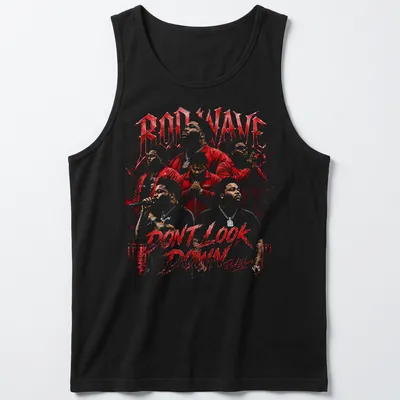 Bold graphic tee featuring Rod Wave with the text 'DON'T LOOK DOWN' in red and black — printed on a tank top
