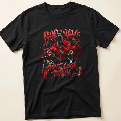 Bold graphic tee featuring Rod Wave with the text 'DON'T LOOK DOWN' in red and black