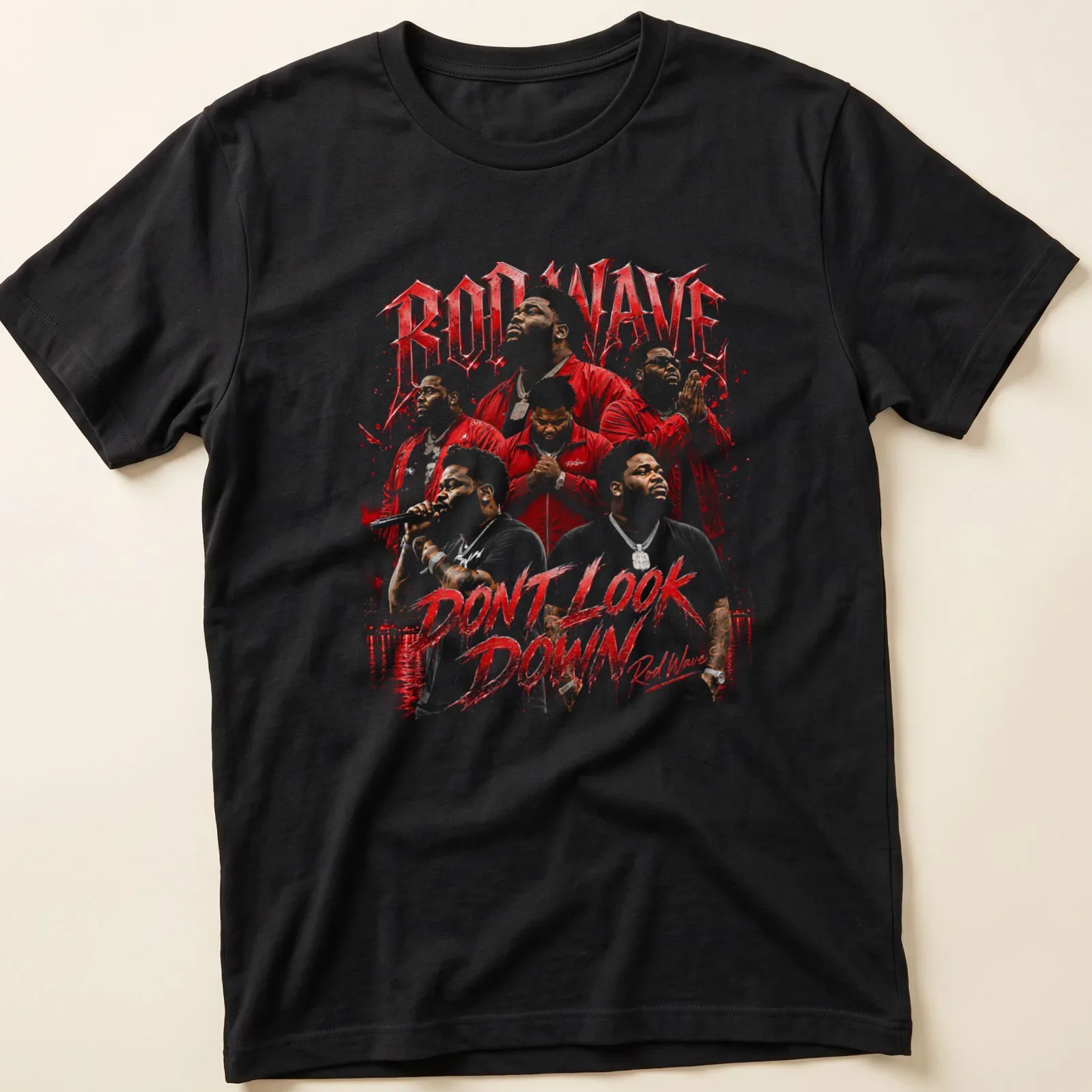 Bold graphic tee featuring Rod Wave with the text 'DON'T LOOK DOWN' in red and black — printed on a unisex t-shirt