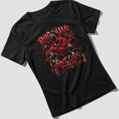 Bold graphic tee featuring Rod Wave with the text 'DON'T LOOK DOWN' in red and black — printed on a women's shirt