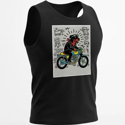 Pop art t-shirt featuring a Rottweiler riding a motorcycle in vibrant colors — printed on a tank top