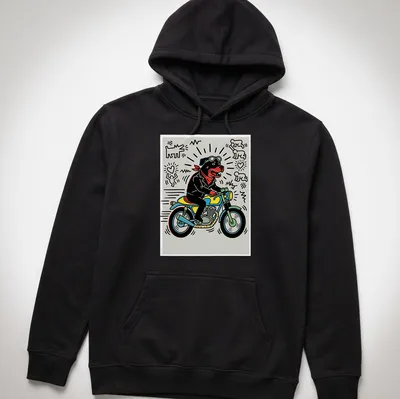 Pop art t-shirt featuring a Rottweiler riding a motorcycle in vibrant colors — printed on a unisex hoodie