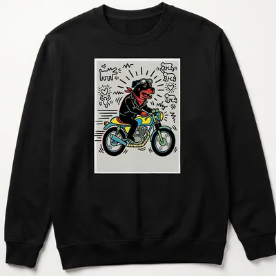Pop art t-shirt featuring a Rottweiler riding a motorcycle in vibrant colors — printed on a unisex sweatshirt