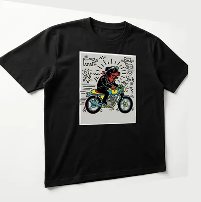 Pop art t-shirt featuring a Rottweiler riding a motorcycle in vibrant colors — printed on a unisex t-shirt (angled view)