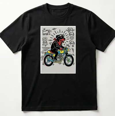 Pop art t-shirt featuring a Rottweiler riding a motorcycle in vibrant colors
