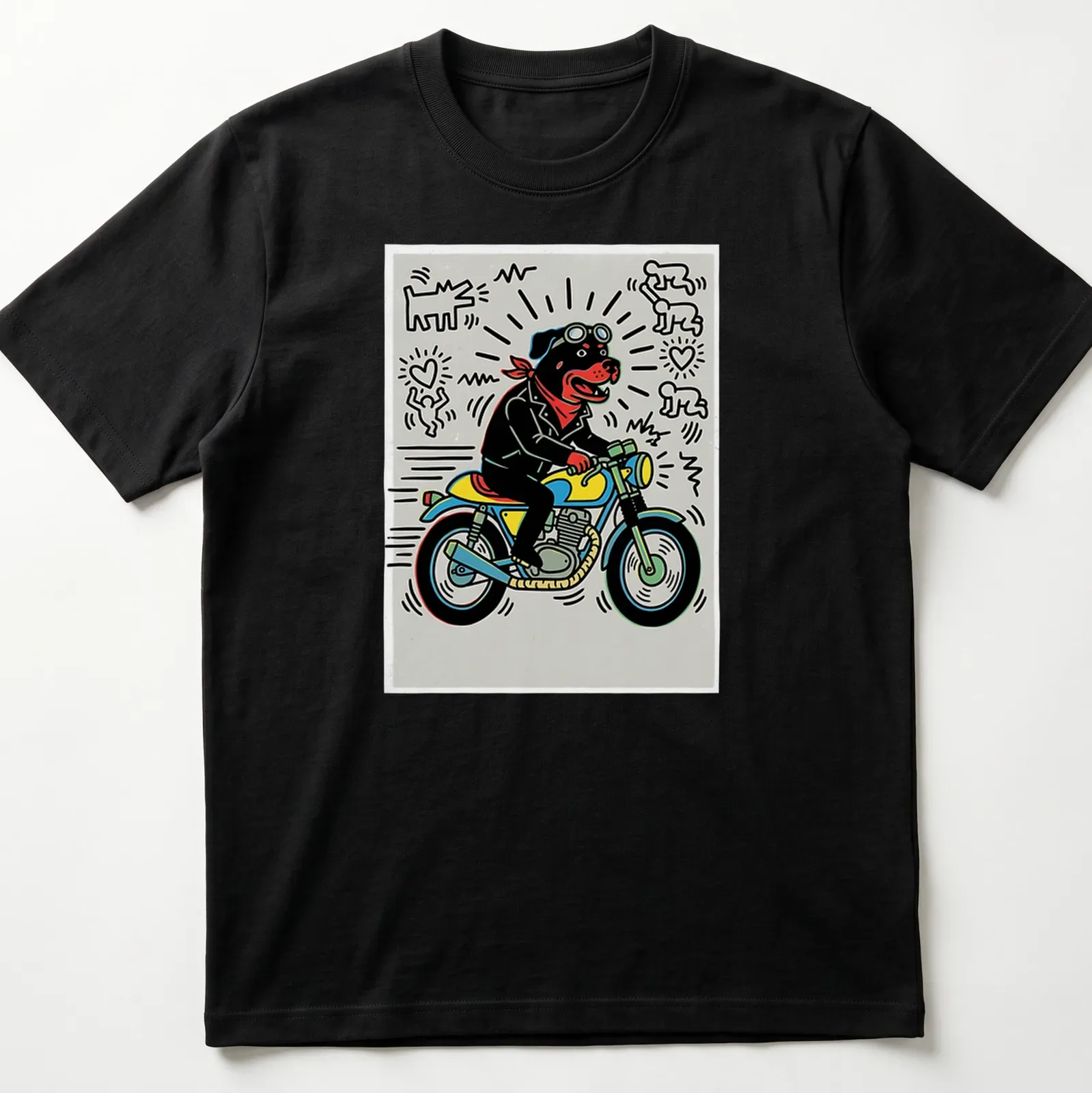Pop art t-shirt featuring a Rottweiler riding a motorcycle in vibrant colors — printed on a unisex t-shirt