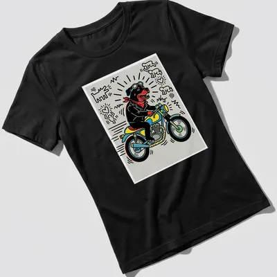 Pop art t-shirt featuring a Rottweiler riding a motorcycle in vibrant colors — printed on a women's shirt
