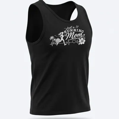 Stylized script t-shirt showcasing 'just a RUNNING Mom' with floral accents in bright colors. — printed on a tank top