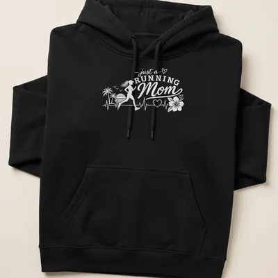 Stylized script t-shirt showcasing 'just a RUNNING Mom' with floral accents in bright colors. — printed on a unisex hoodie