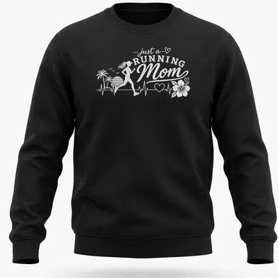 Stylized script t-shirt showcasing 'just a RUNNING Mom' with floral accents in bright colors. — printed on a unisex sweatshirt