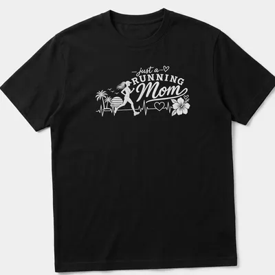 Stylized script t-shirt showcasing 'just a RUNNING Mom' with floral accents in bright colors.