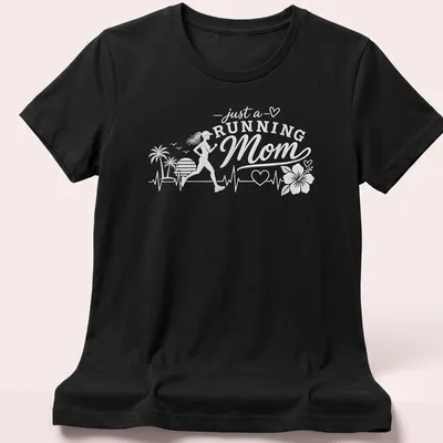 Stylized script t-shirt showcasing 'just a RUNNING Mom' with floral accents in bright colors. — printed on a women's shirt