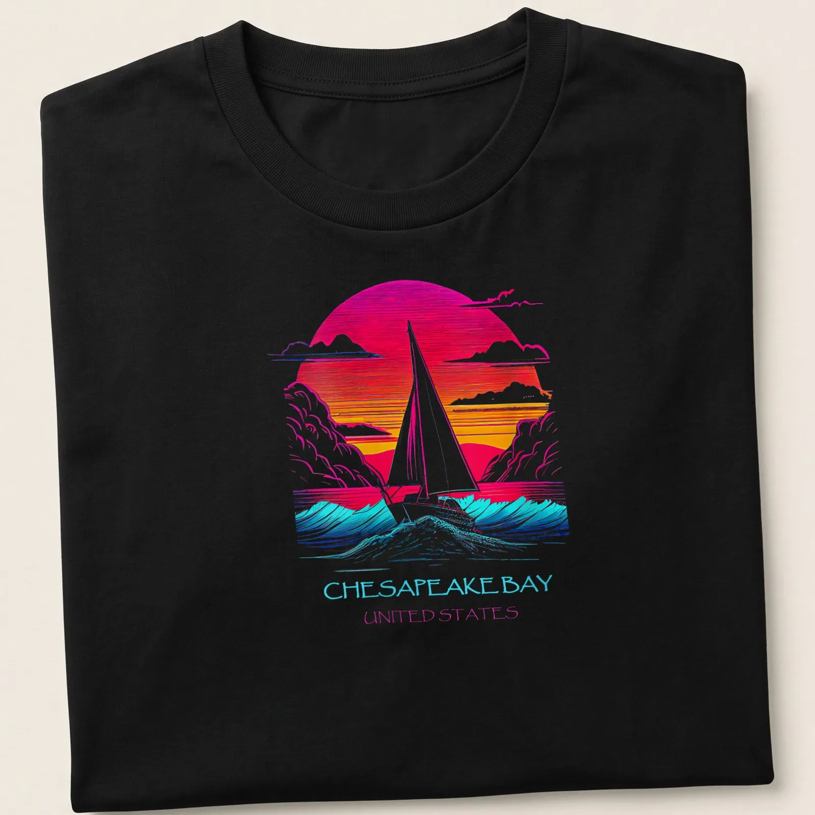 Retro sailboat graphic with vibrant colors on a Chesapeake Bay — printed on a unisex t-shirt