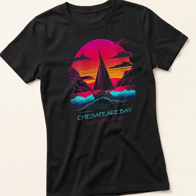 Retro sailboat graphic with vibrant colors on a Chesapeake Bay — printed on a women's shirt