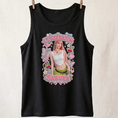 Colorful illustration of Sakura from LE SSERAFIM with playful summer accents — printed on a tank top