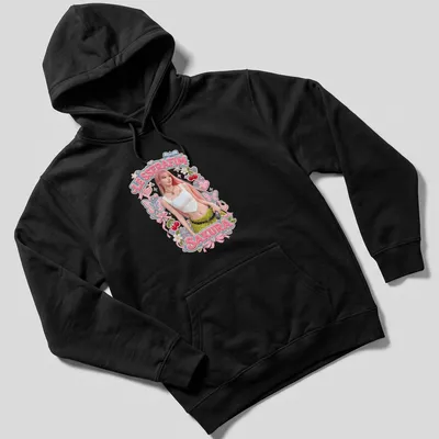 Colorful illustration of Sakura from LE SSERAFIM with playful summer accents — printed on a unisex hoodie