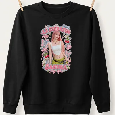 Colorful illustration of Sakura from LE SSERAFIM with playful summer accents — printed on a unisex sweatshirt