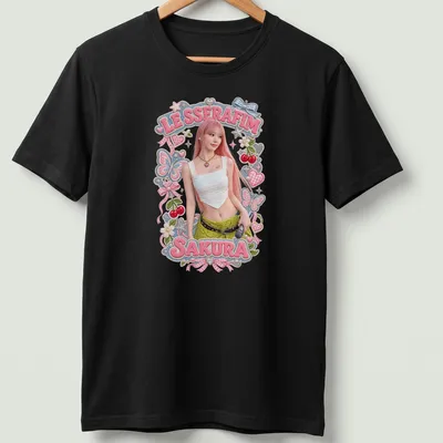 Colorful illustration of Sakura from LE SSERAFIM with playful summer accents