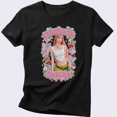 Colorful illustration of Sakura from LE SSERAFIM with playful summer accents — printed on a women's shirt
