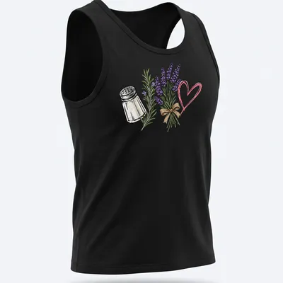 Illustrative T-shirt featuring a salt shaker and lavender flowers with a humorous quote about spilled salt. — printed on a tank top