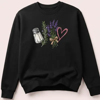 Illustrative T-shirt featuring a salt shaker and lavender flowers with a humorous quote about spilled salt. — printed on a unisex sweatshirt