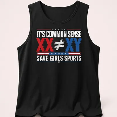 Bold graphic tee with text about girls' sports equality — printed on a tank top