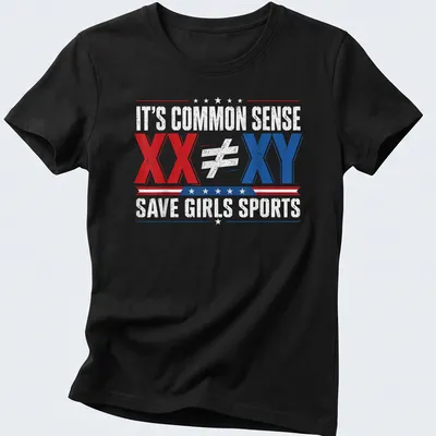 Bold graphic tee with text about girls' sports equality — printed on a women's shirt