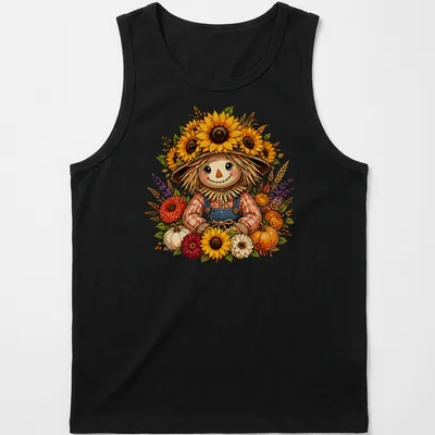 Vintage cartoon scarecrow surrounded by sunflowers and pumpkins in autumn colors — printed on a tank top