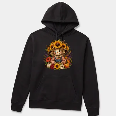 Vintage cartoon scarecrow surrounded by sunflowers and pumpkins in autumn colors — printed on a unisex hoodie