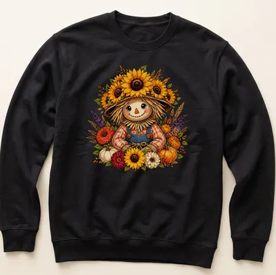 Vintage cartoon scarecrow surrounded by sunflowers and pumpkins in autumn colors — printed on a unisex sweatshirt