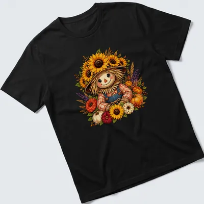 Vintage cartoon scarecrow surrounded by sunflowers and pumpkins in autumn colors