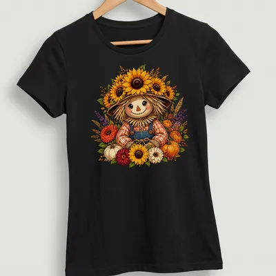 Vintage cartoon scarecrow surrounded by sunflowers and pumpkins in autumn colors — printed on a women's shirt