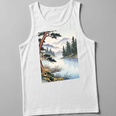 Japanese woodblock print of a tranquil mountain lake landscape — printed on a tank top