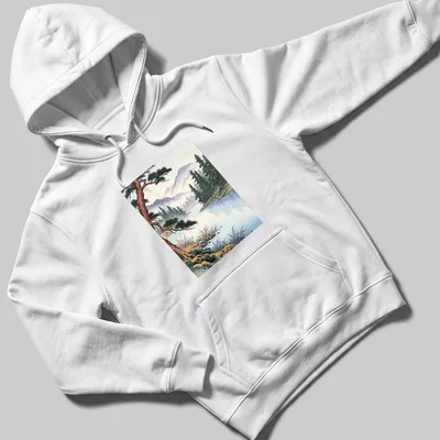 Japanese woodblock print of a tranquil mountain lake landscape — printed on a unisex hoodie